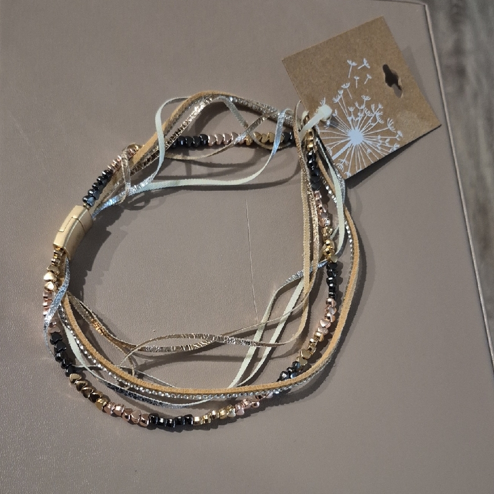 Multi-Strand choker necklaces in White Silver and Gray‎ with Textured Beads